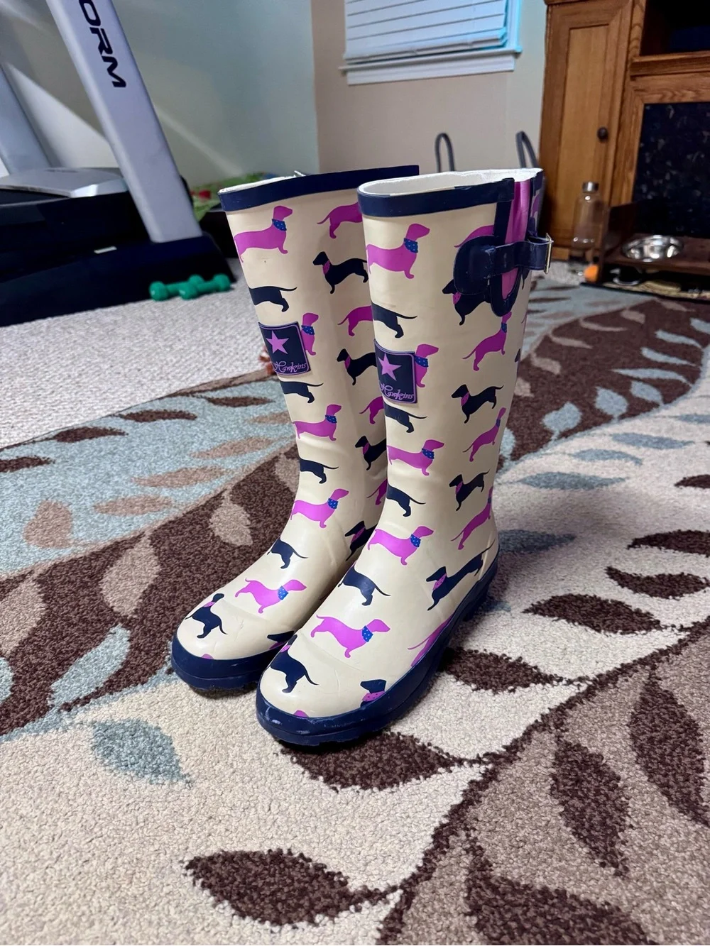 Dachshund Dog Print Rain Boots Womens 10 Cream Pink Rubber Wellington